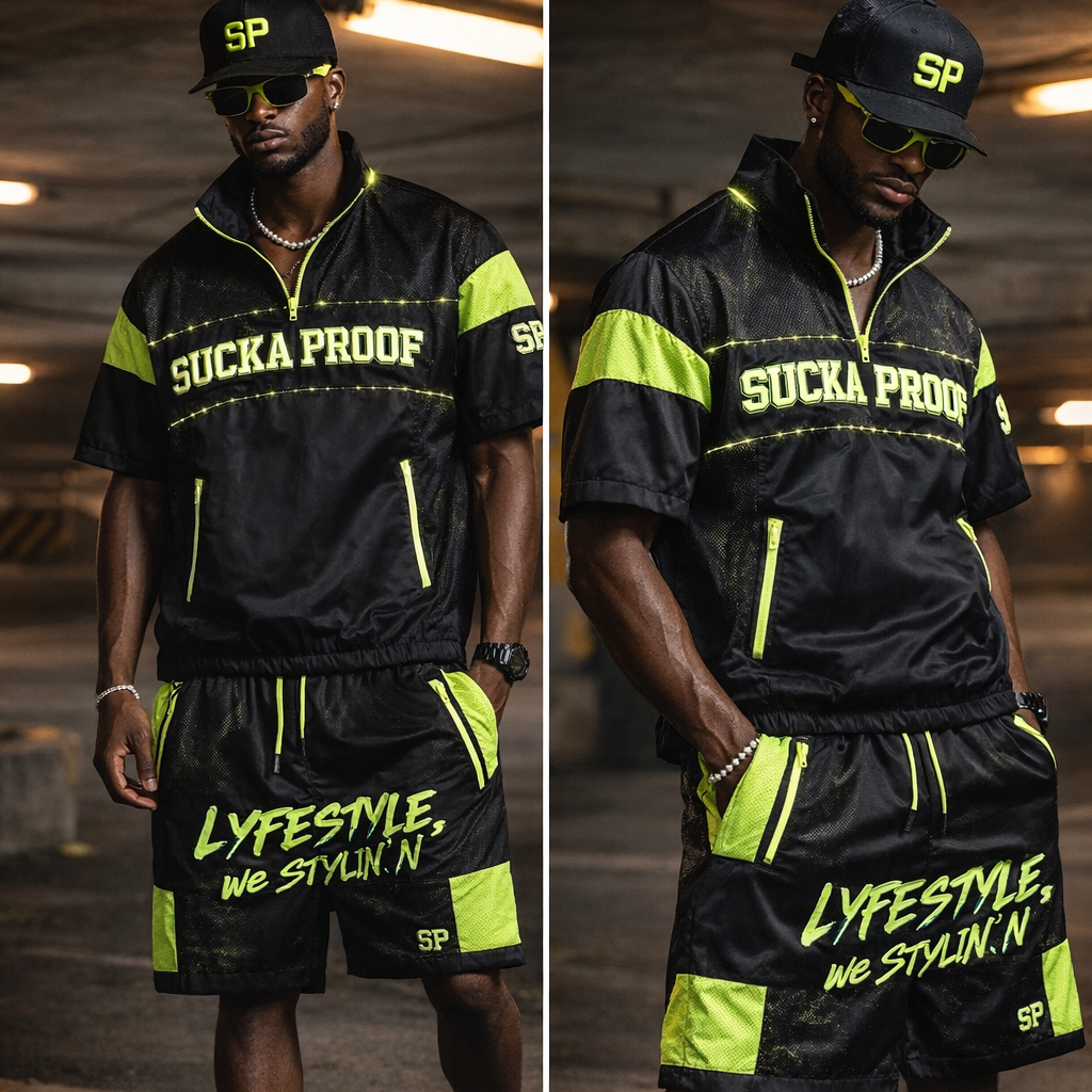 Clean with a pop of neon, this black and lime set blends sporty and street. Lightweight, breathable, and built for movement with a modern edge.