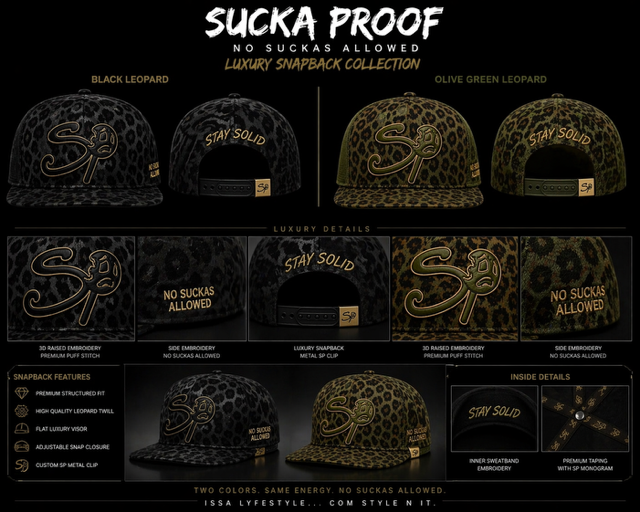 Black Leopard & Olive Green Leopard Snapback
A bold all-black leopard print snapback featuring raised “SP” embroidery for a sleek, low-key luxury look. Finished with premium materials and a structured fit for everyday wear.