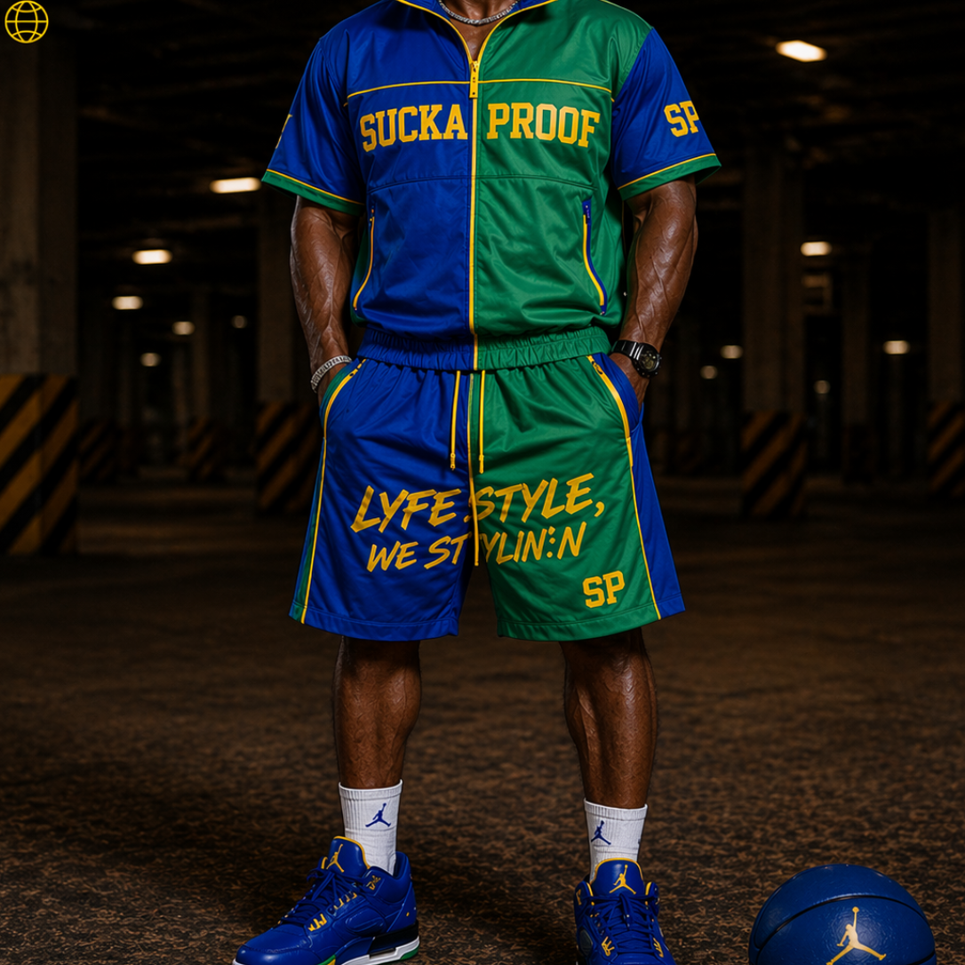 A unique split-color design that brings energy and originality. Features a matching zip-up top and shorts with a comfortable fit, perfect for making a statement.